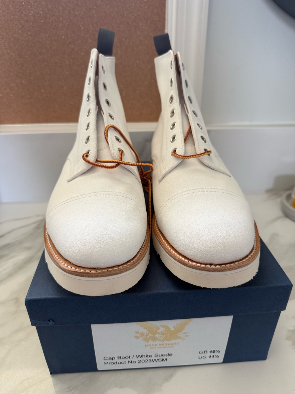 Men's White Suede Cap-Toe Boots with Natural Sole